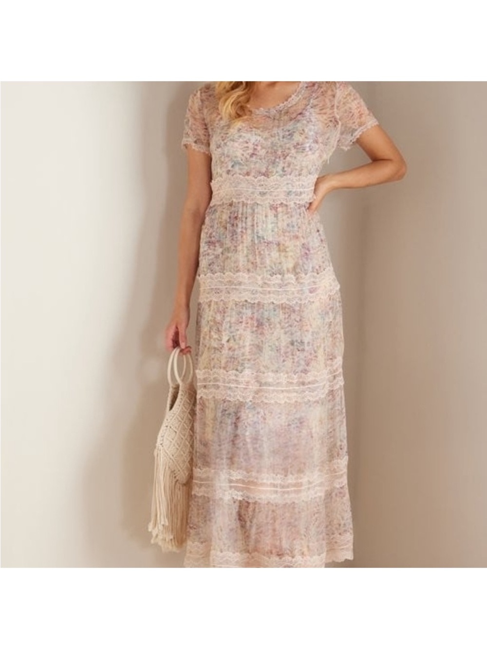 Soft Surroundings Pastel Floral Lace Tiered Maxi Dress